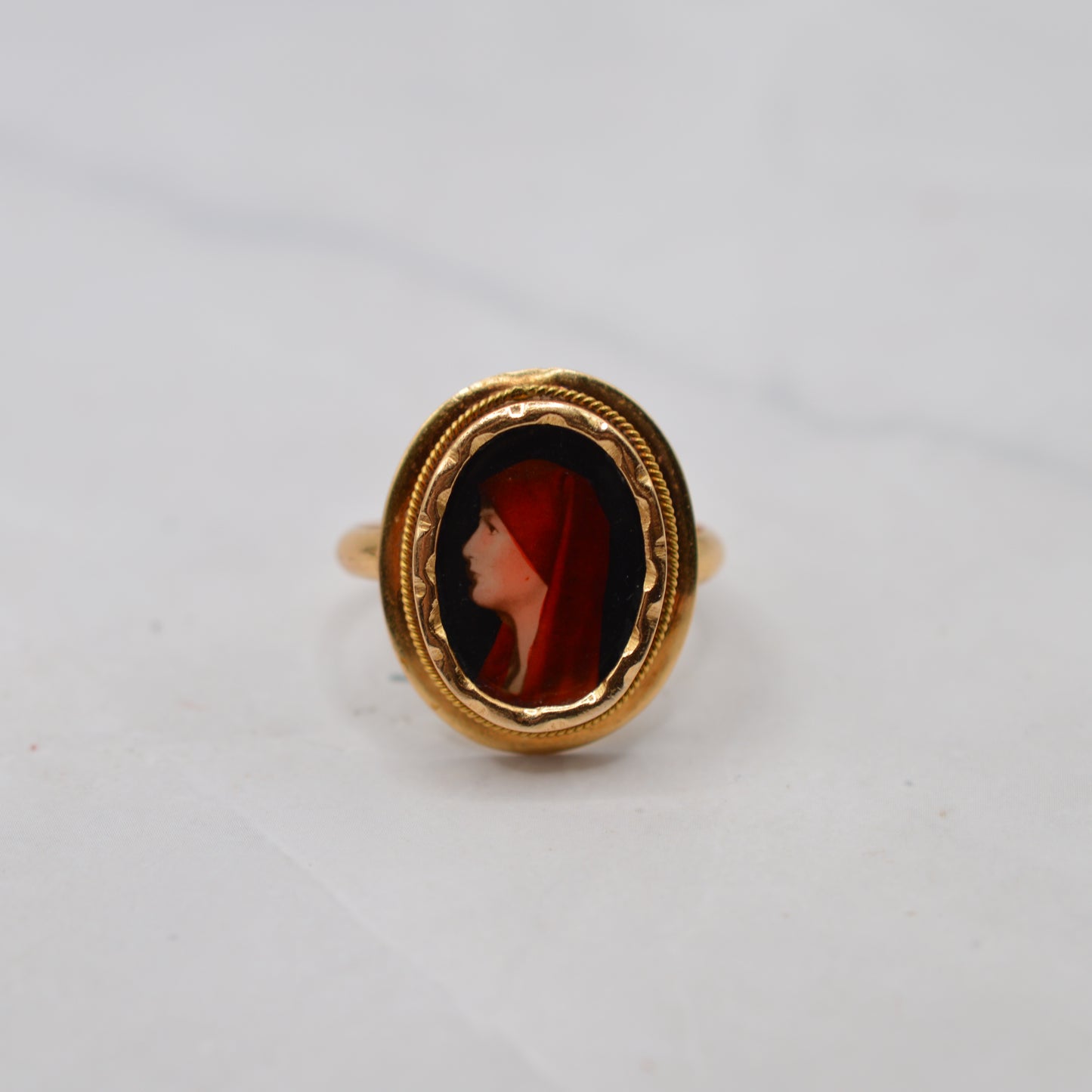 *RESERVED* Antique 18ct Gold Saint Fabiola Enamel Portrait Ring