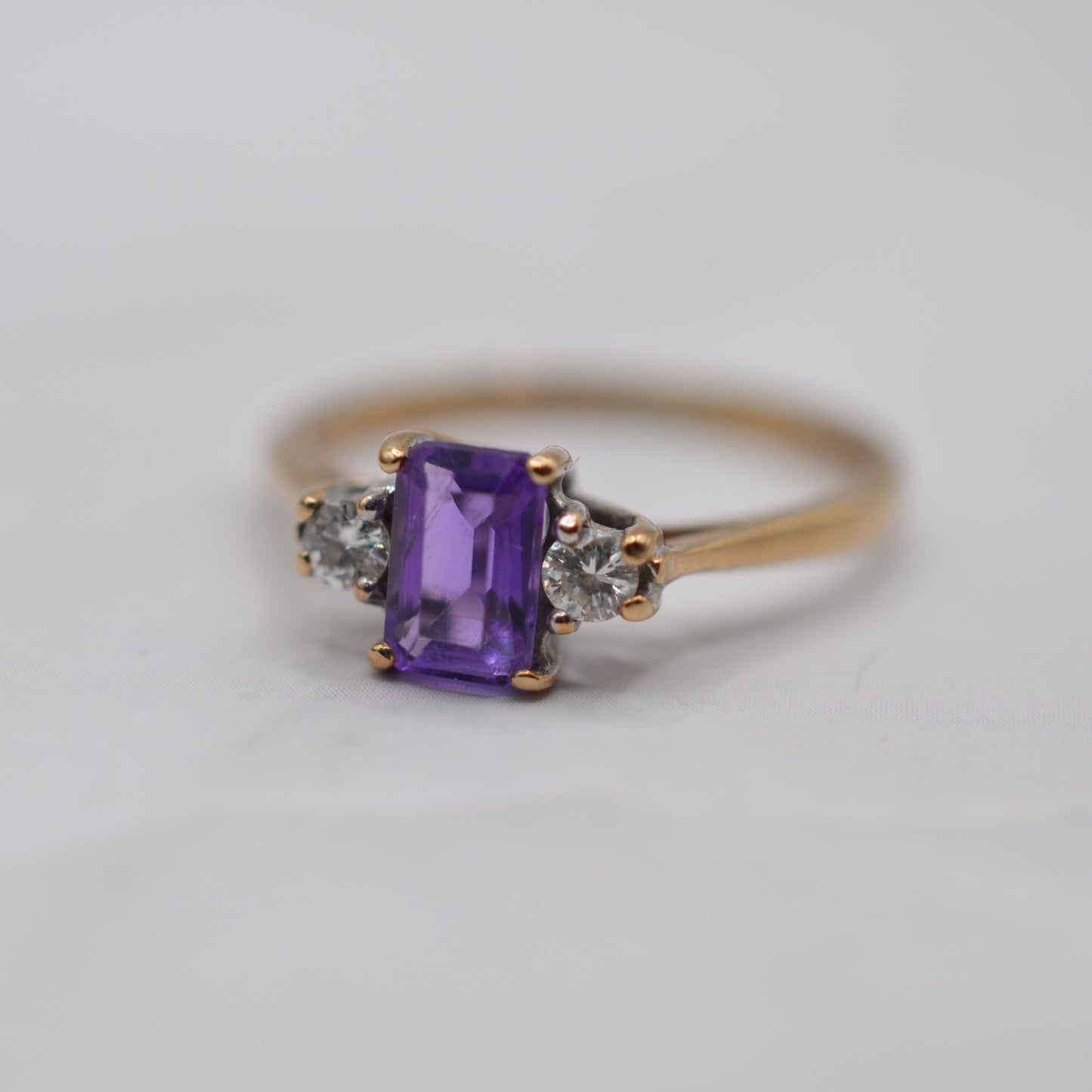1990s 9ct Gold Amethyst & Diamond Trilogy Ring