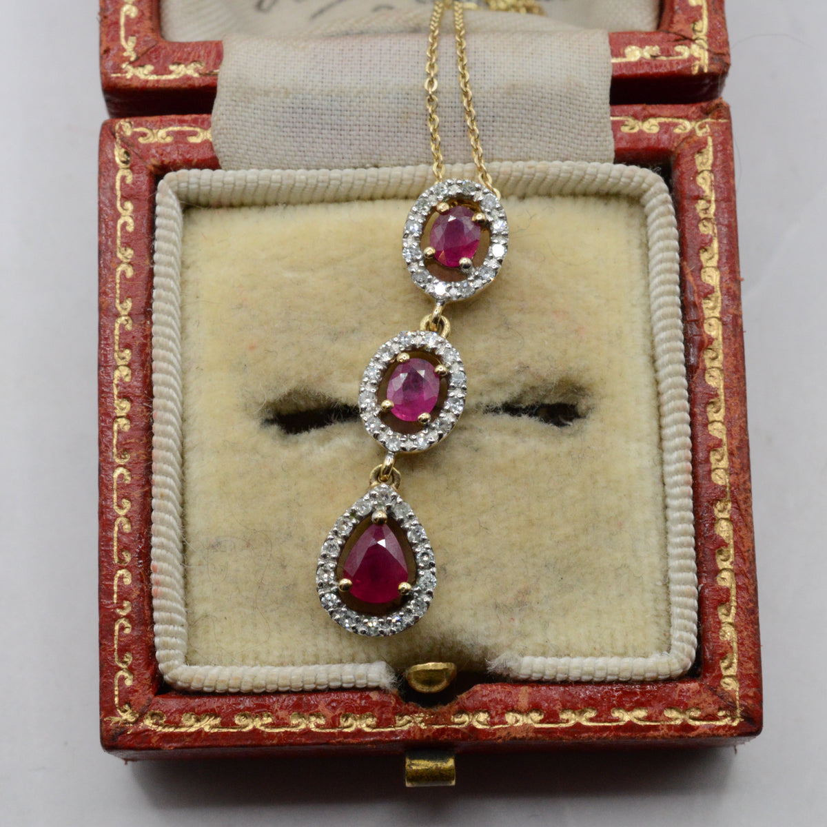 9ct Gold Ruby & Diamond Triple Cluster Pendant Necklace (16”-18”)