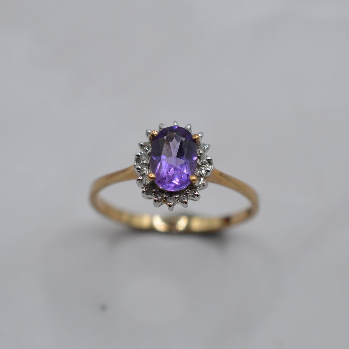Vintage 9ct Gold Amethyst & Diamond Cluster Ring