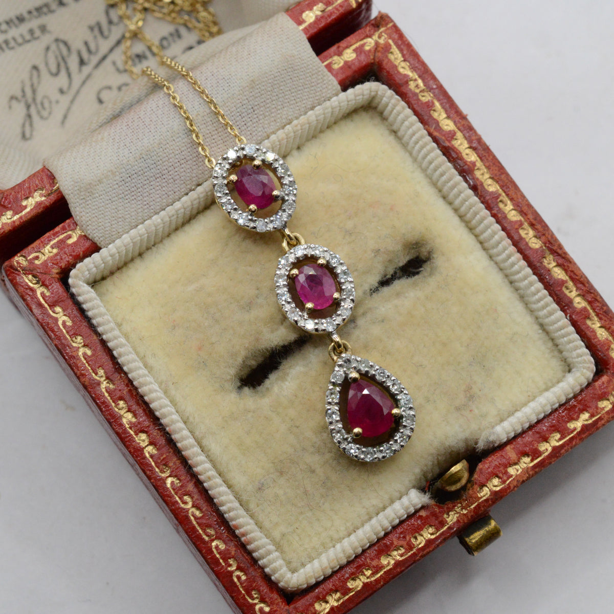 9ct Gold Ruby & Diamond Triple Cluster Pendant Necklace (16”-18”)