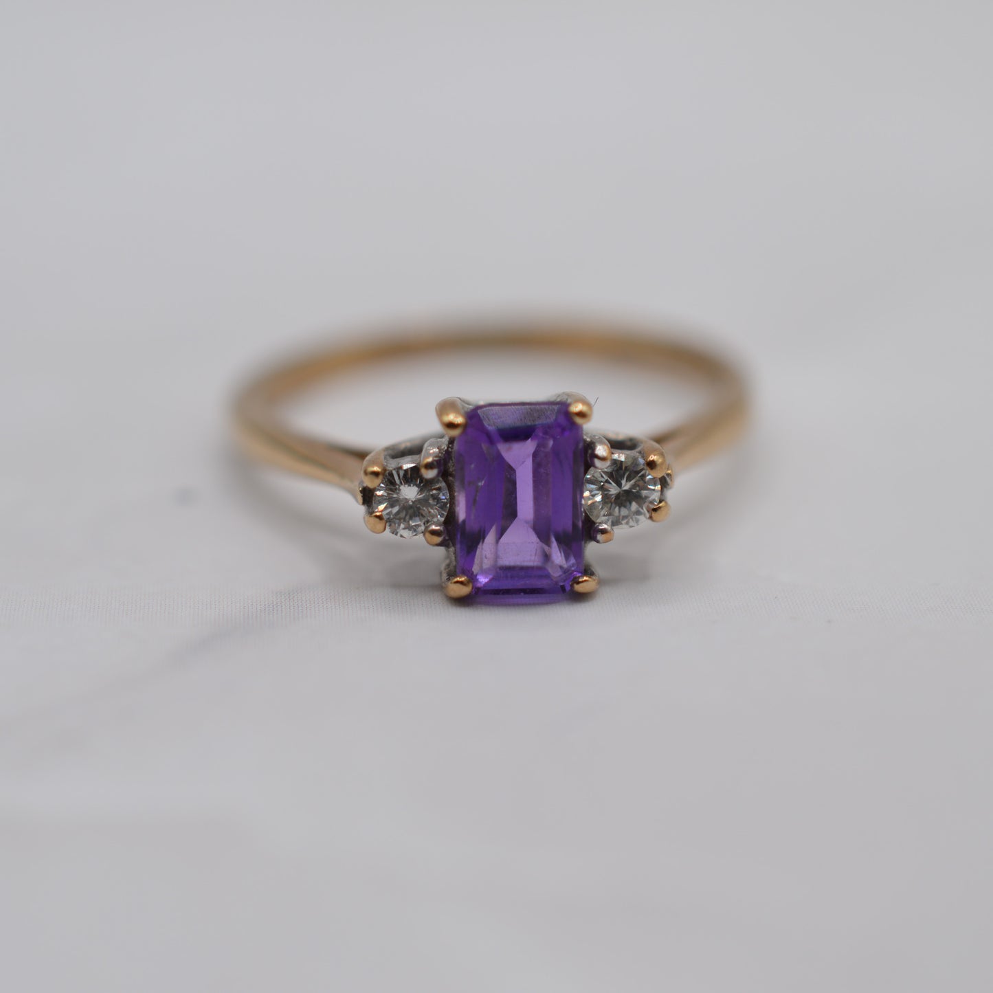 1990s 9ct Gold Amethyst & Diamond Trilogy Ring