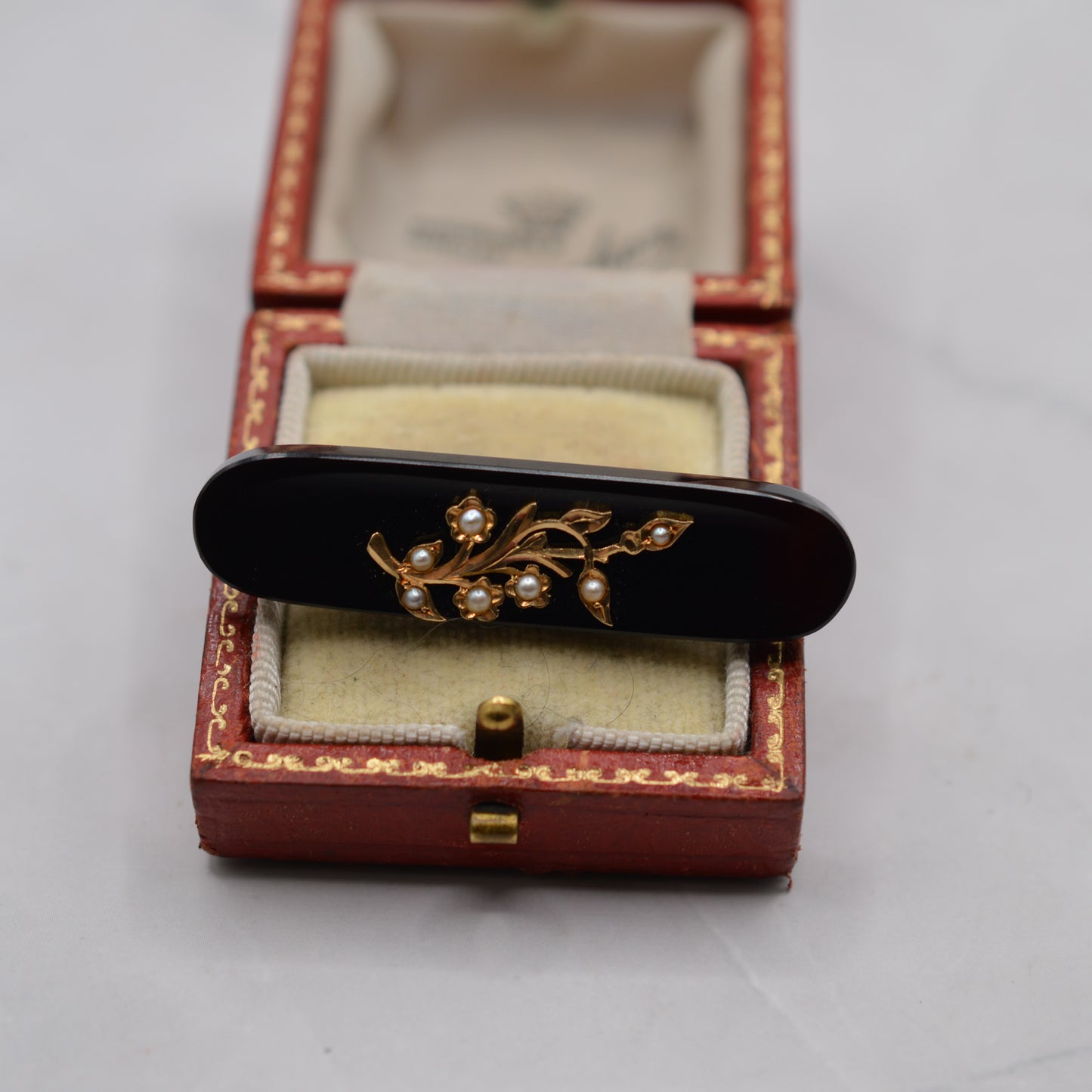 Mid-Century Black Mourning-Style Brooch with Pearl Floral Motif