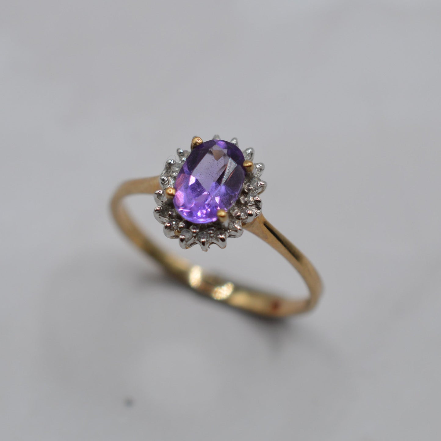 Vintage 9ct Gold Amethyst & Diamond Cluster Ring