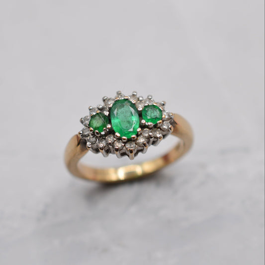 9ct Gold Emerald & Diamond Trilogy Cluster Ring