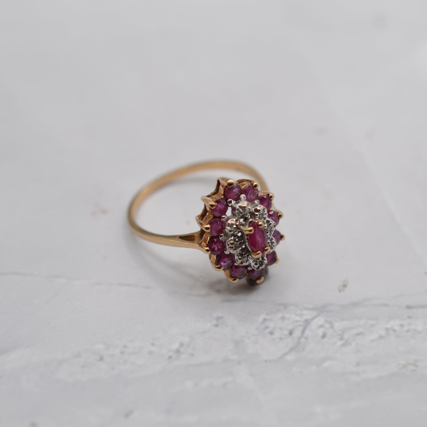 1980s 9ct Gold Ruby & Diamond Marquise Cluster Ring