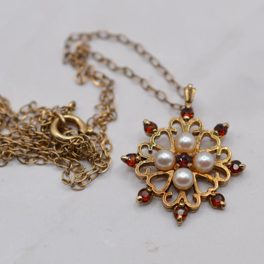 1970s Vintage 9ct Gold Garnet & Pearl Pendant Necklace