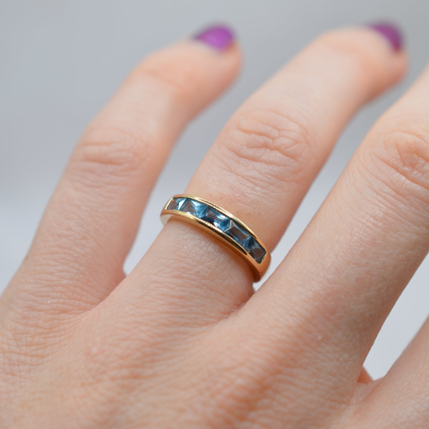 Y2K Vintage 9ct Gold Blue Topaz Half-Eternity Ring