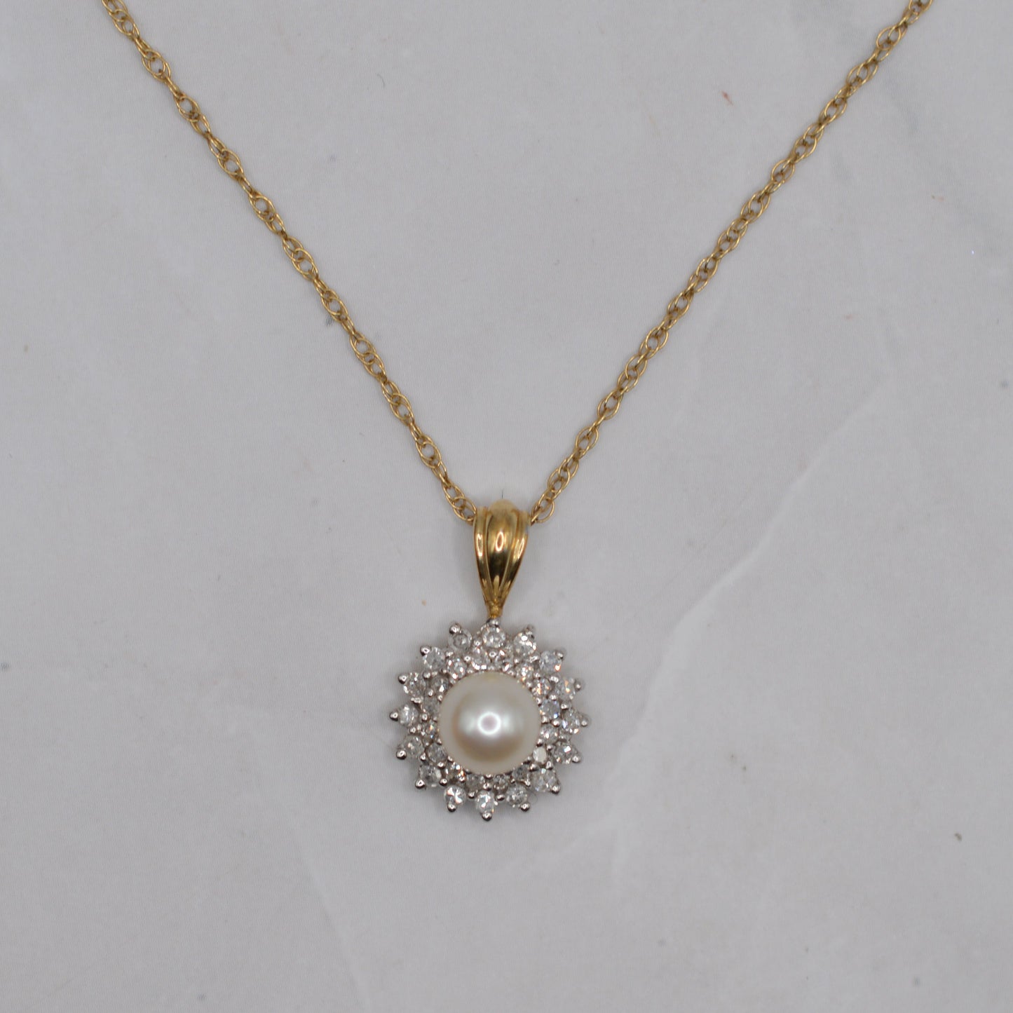 9ct Gold Pearl & Diamond Cluster Pendant Necklace (16”)