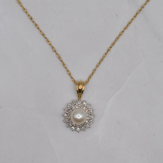 9ct Gold Pearl & Diamond Cluster Pendant Necklace (16”)