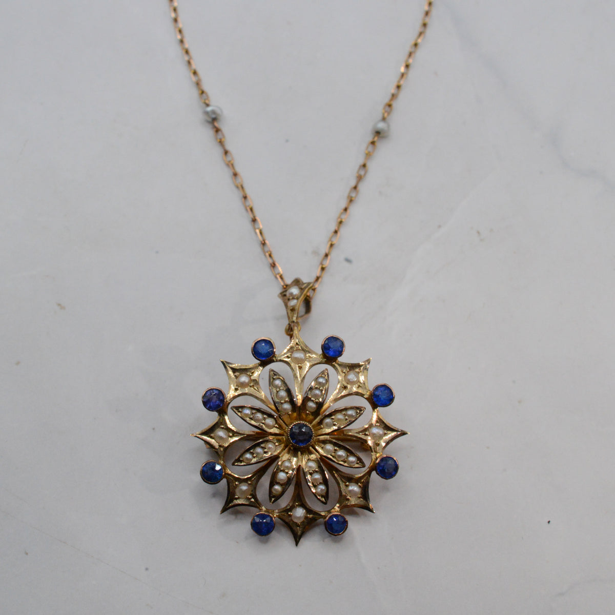 Large Antique Edwardian 9ct Gold Sapphire & Pearl Floral Pendant Necklace