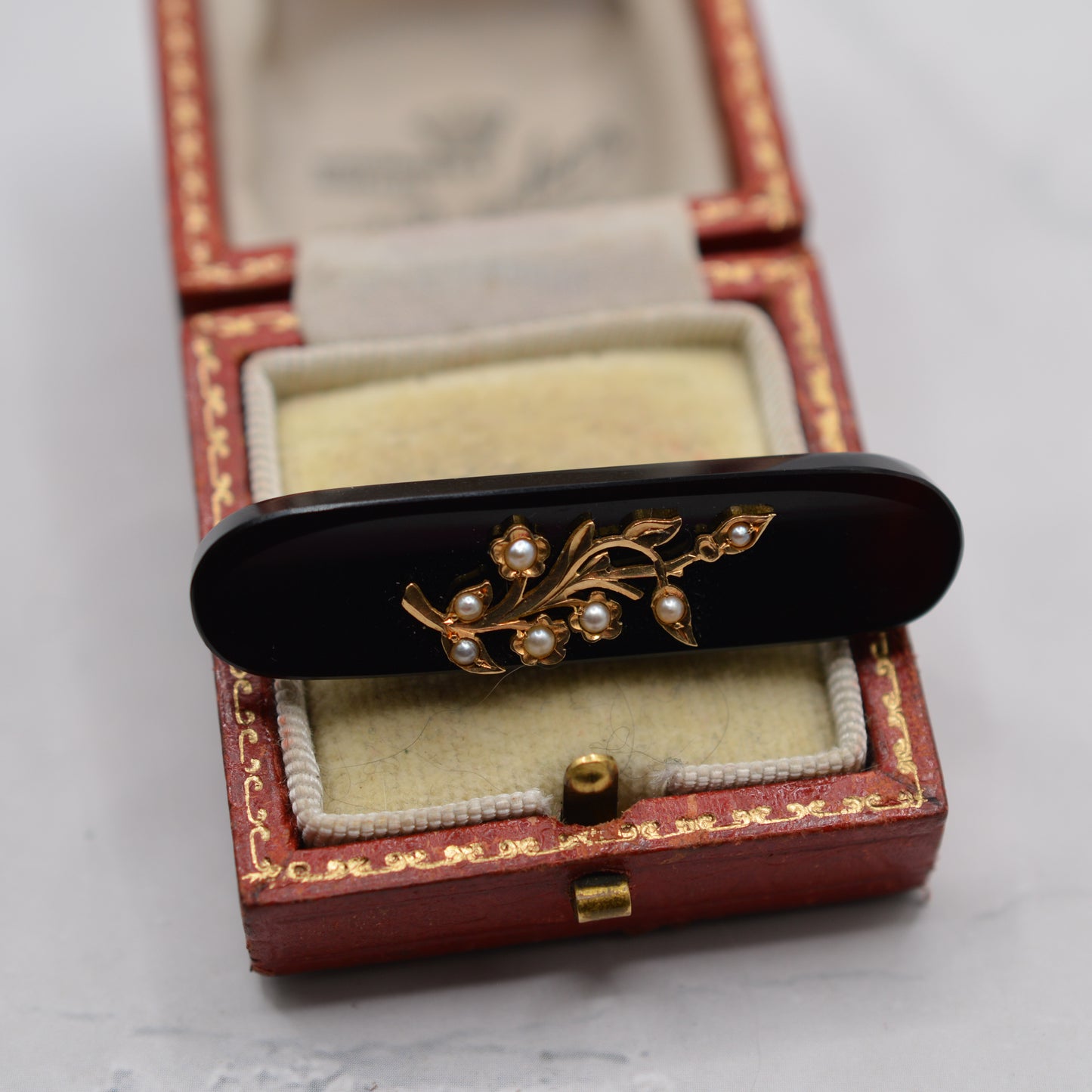 Mid-Century Black Mourning-Style Brooch with Pearl Floral Motif
