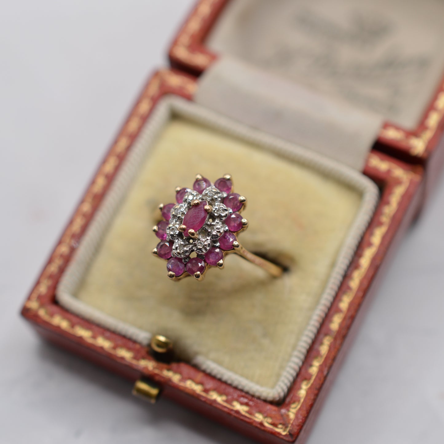 1980s 9ct Gold Ruby & Diamond Marquise Cluster Ring