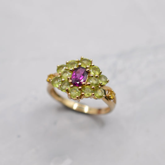 Chunky 9ct Gold Green Sapphire, Yellow Sapphire & Garnet Cluster Ring