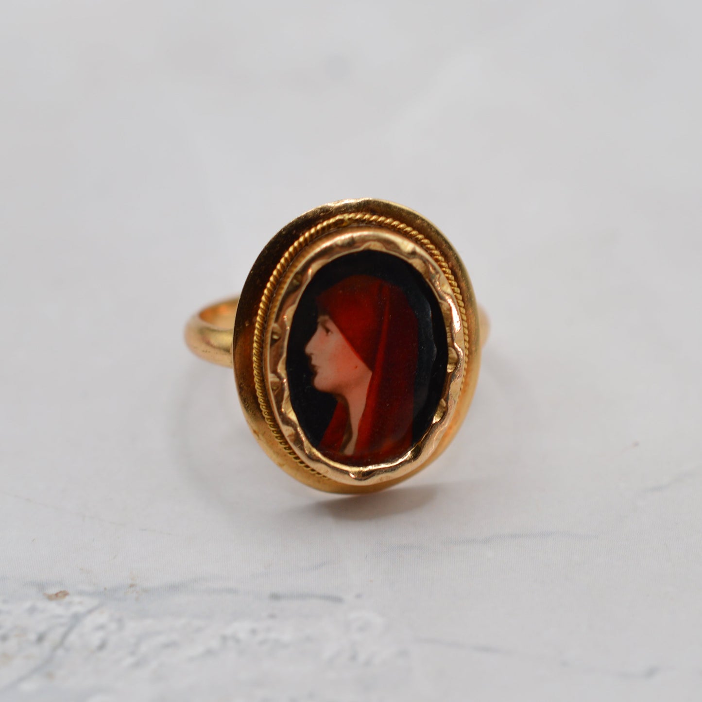 *RESERVED* Antique 18ct Gold Saint Fabiola Enamel Portrait Ring