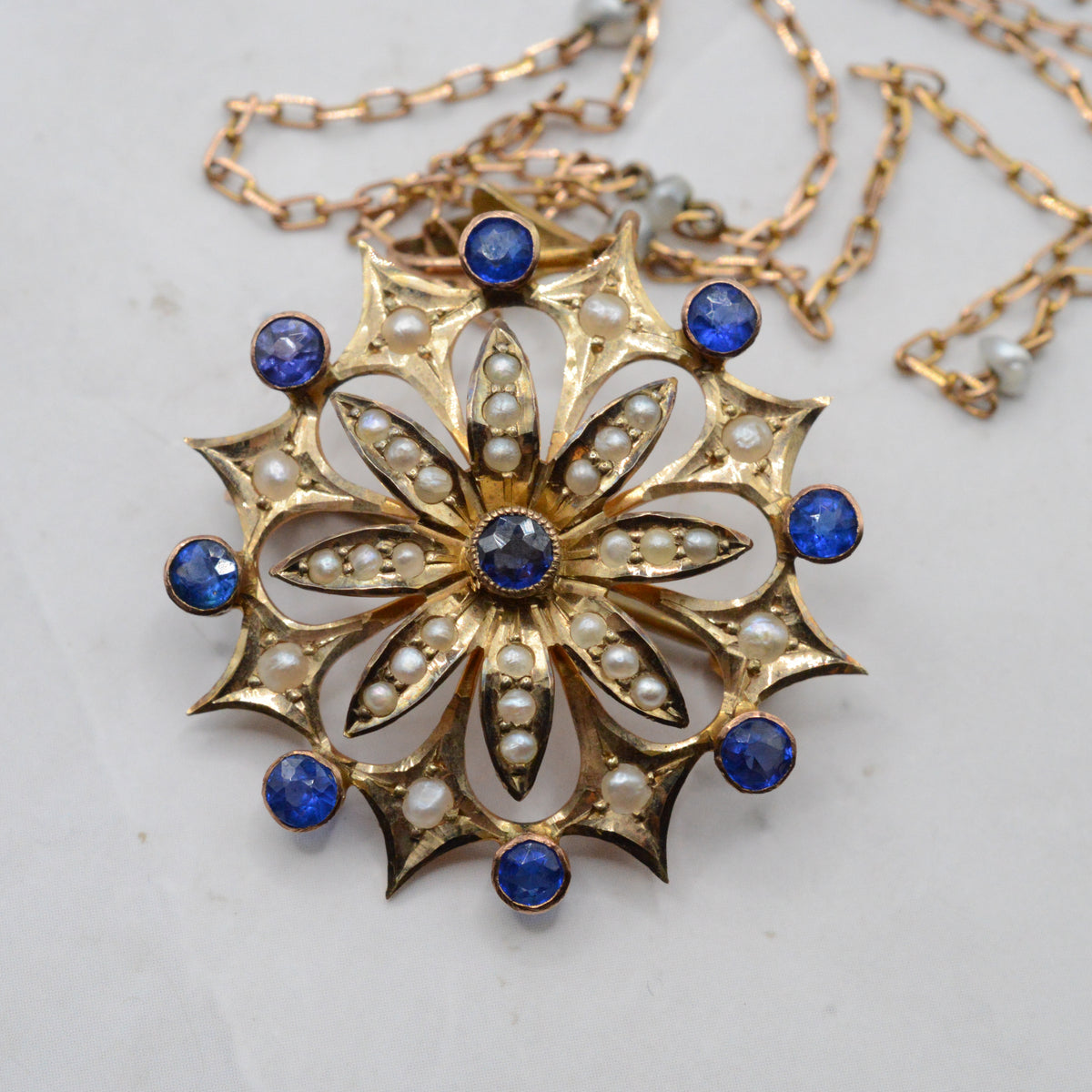 Large Antique Edwardian 9ct Gold Sapphire & Pearl Floral Pendant Necklace