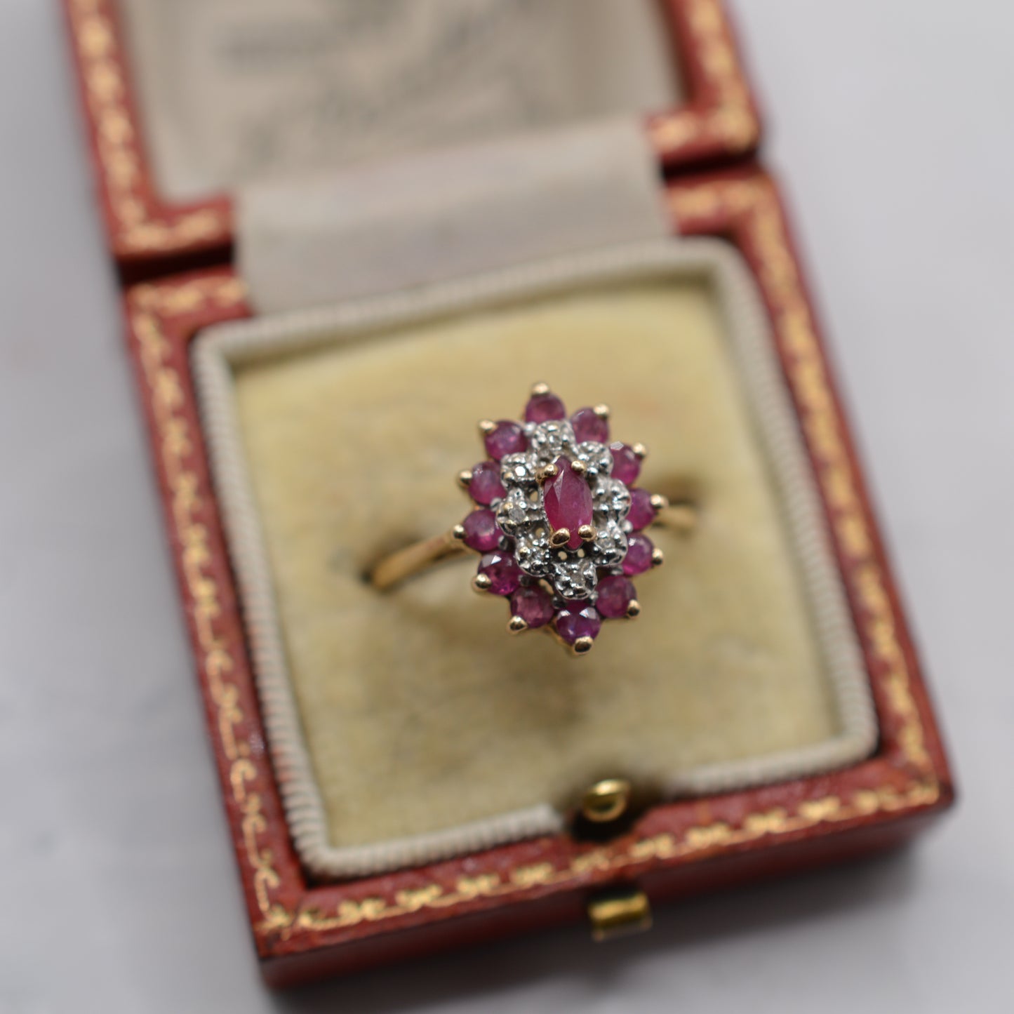 1980s 9ct Gold Ruby & Diamond Marquise Cluster Ring