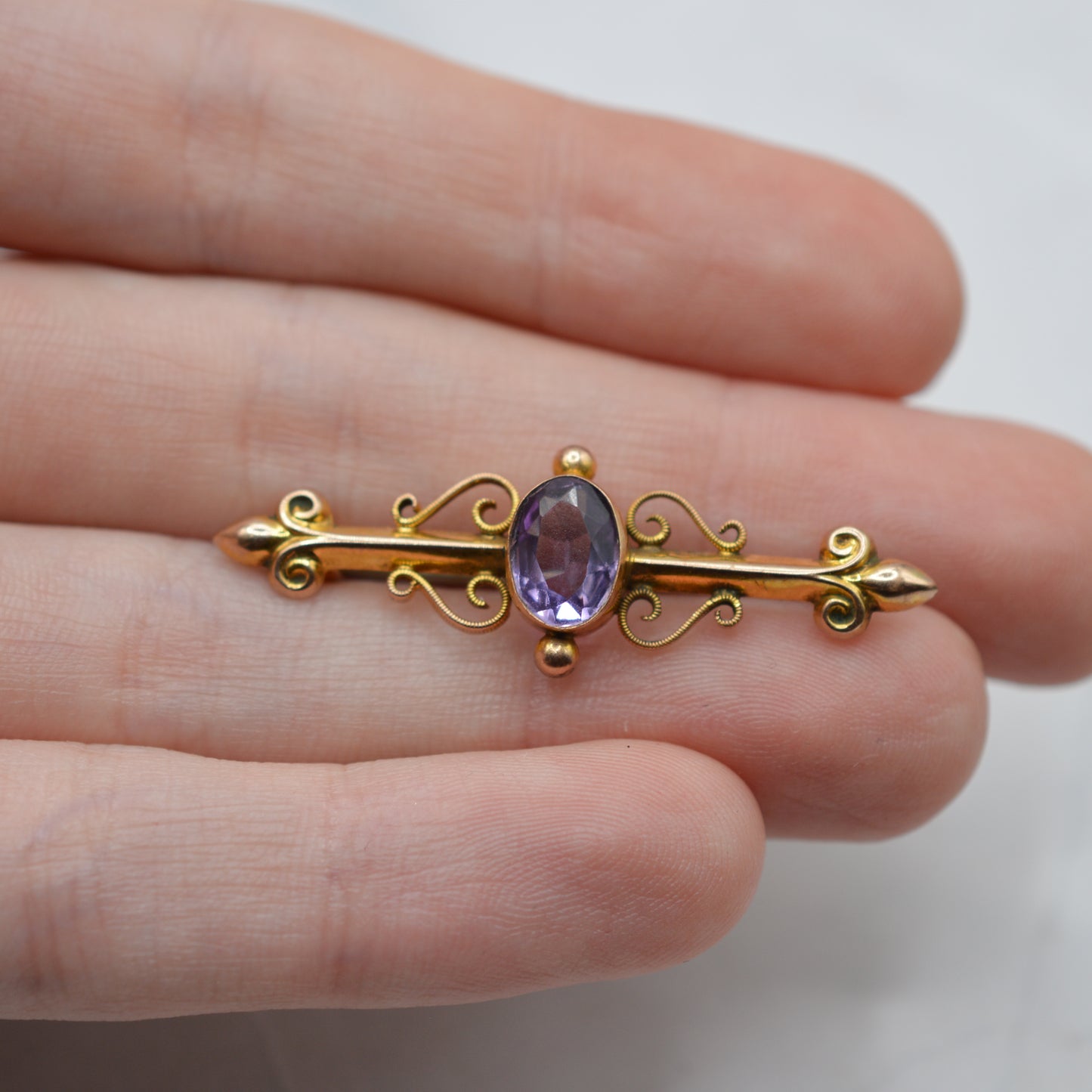 Edwardian 1909 Antique 9ct Gold Amethyst Brooch