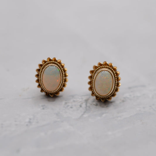 1990s 9ct Gold Opal Stud Earrings with Rope-Twist Border