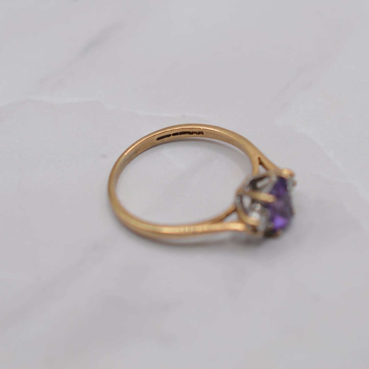 1990s 9ct Gold Amethyst & Diamond Trilogy Ring