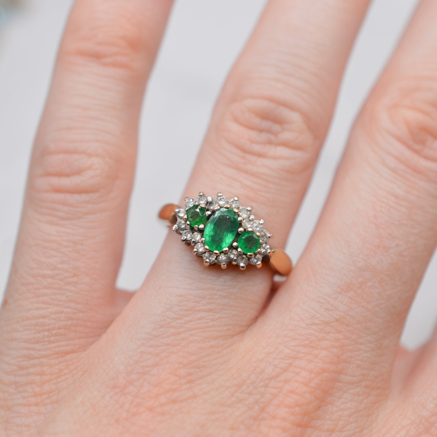 9ct Gold Emerald & Diamond Trilogy Cluster Ring