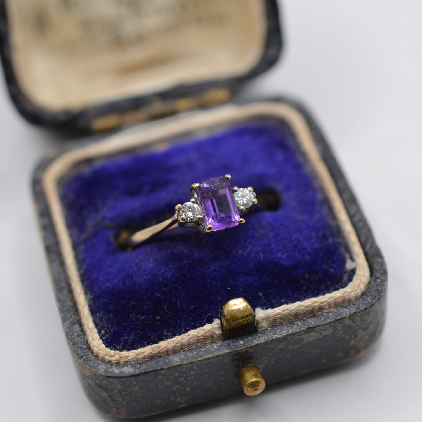 1990s 9ct Gold Amethyst & Diamond Trilogy Ring
