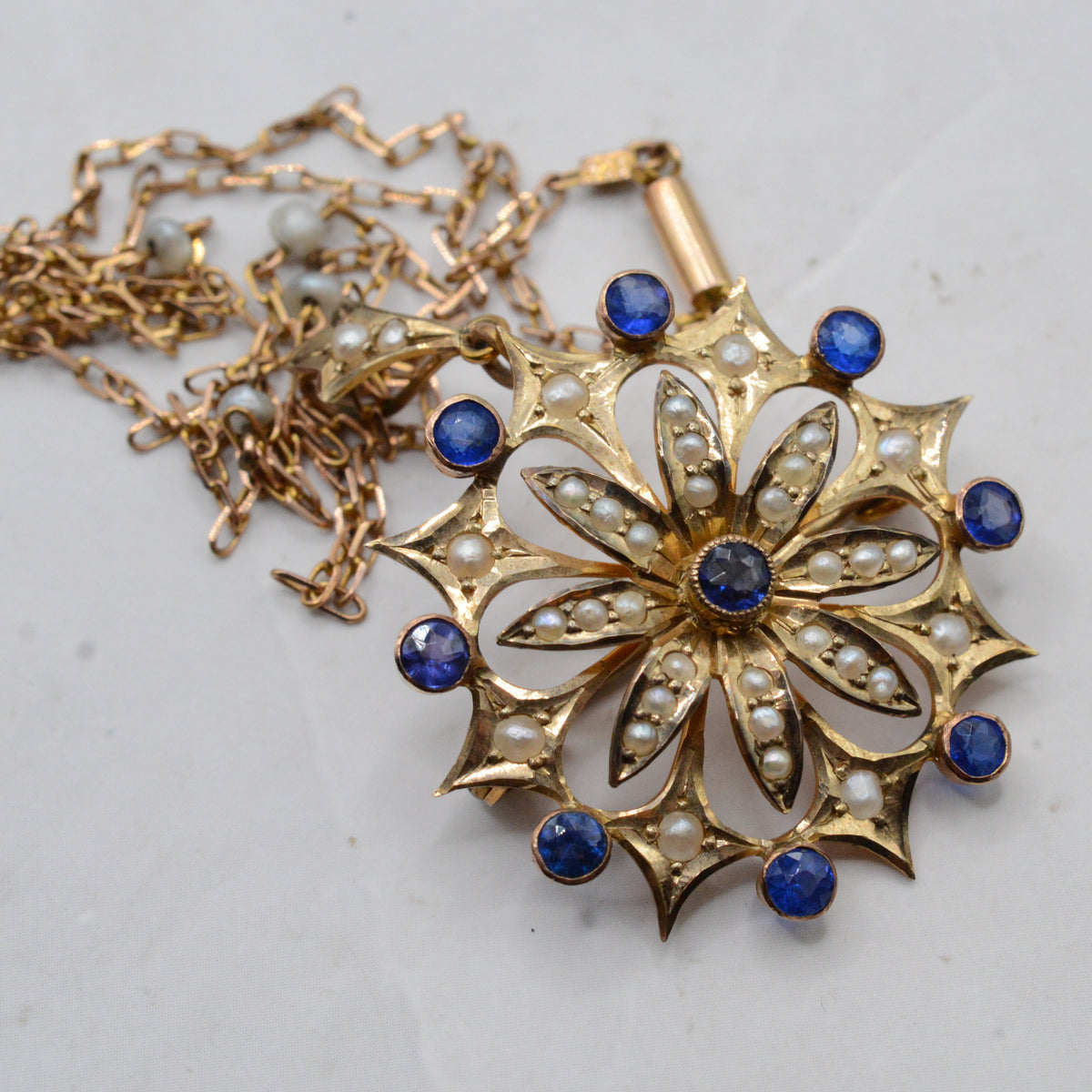 Large Antique Edwardian 9ct Gold Sapphire & Pearl Floral Pendant Necklace