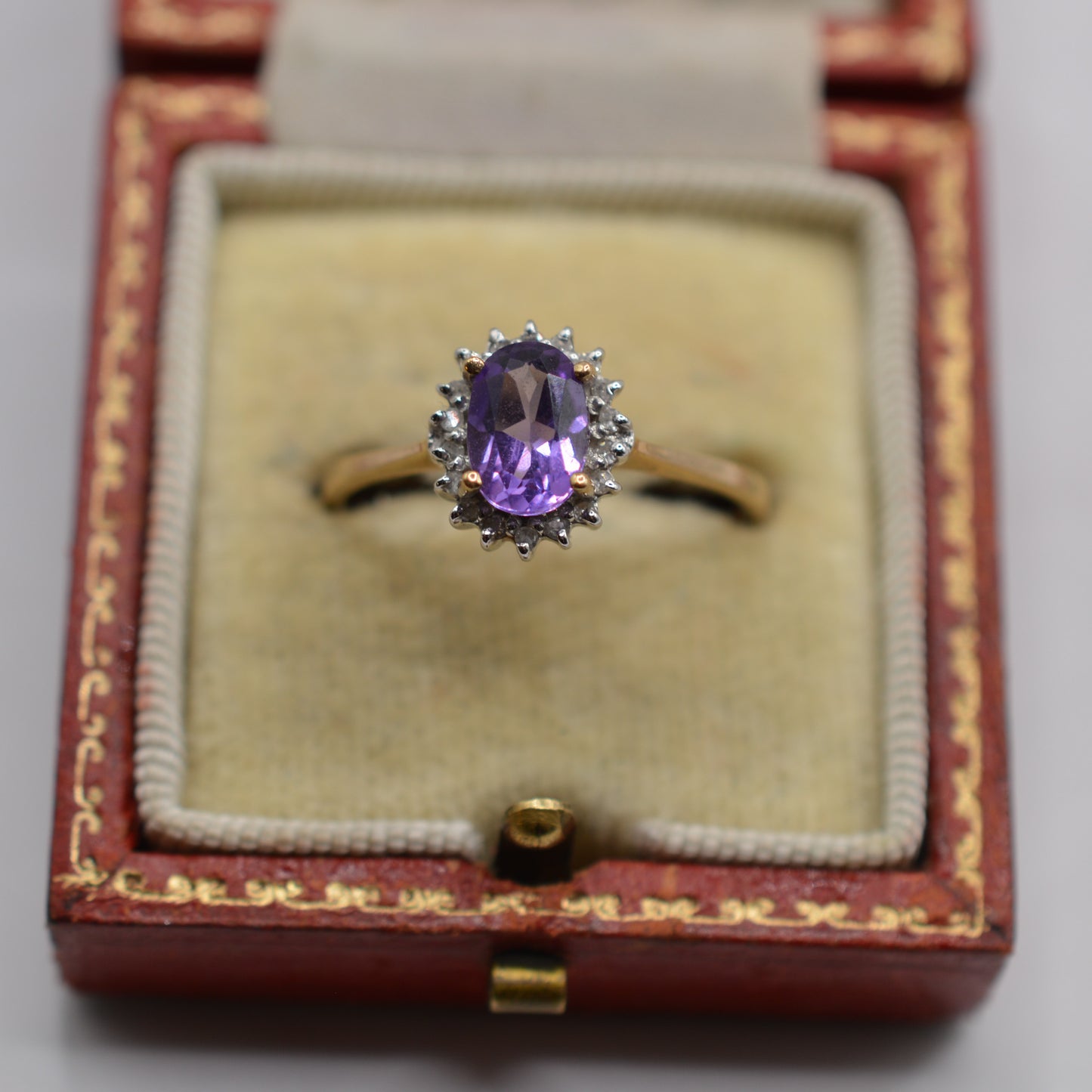 Vintage 9ct Gold Amethyst & Diamond Cluster Ring