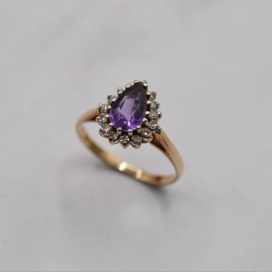 1980s 9ct Gold Amethyst & Diamond Cluster Ring