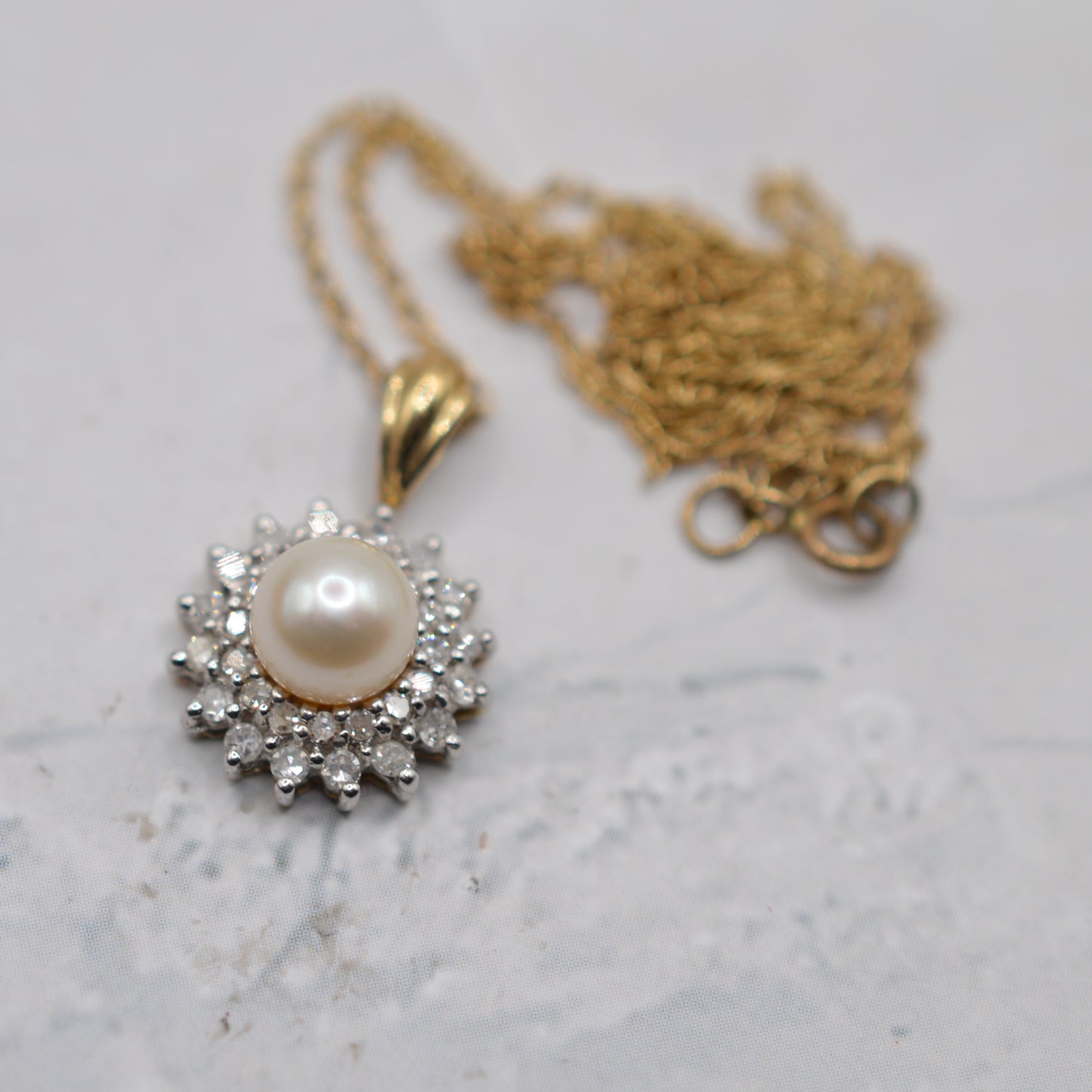 9ct Gold Pearl & Diamond Cluster Pendant Necklace (16”)