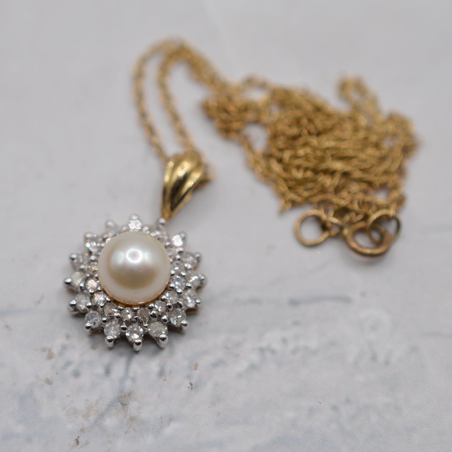 9ct Gold Pearl & Diamond Cluster Pendant Necklace (16”)