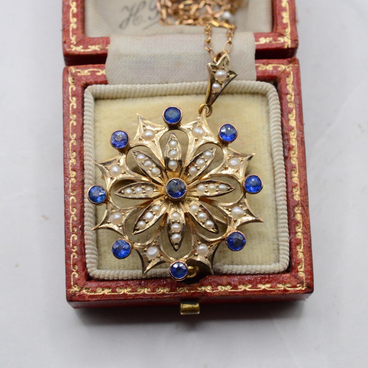 Large Antique Edwardian 9ct Gold Sapphire & Pearl Floral Pendant Necklace