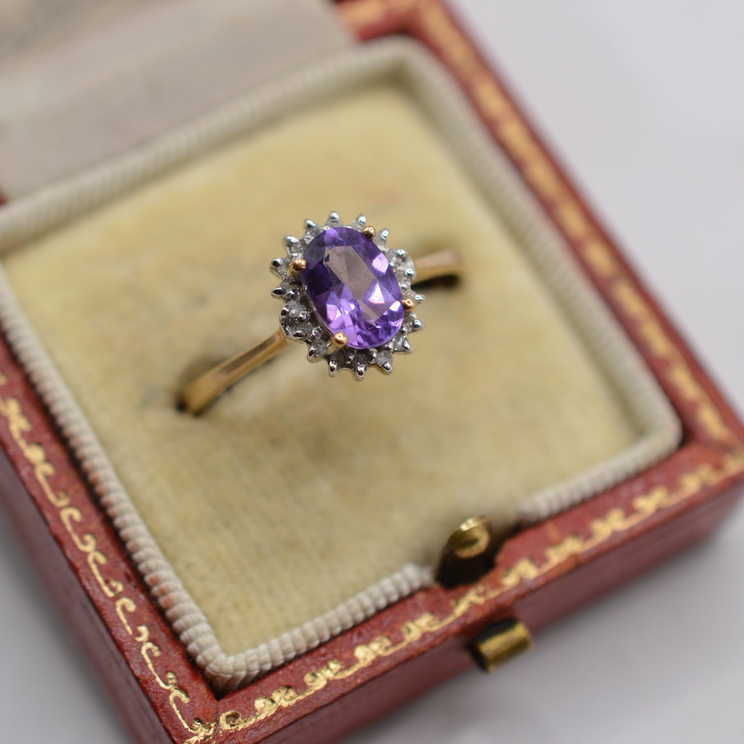 Vintage 9ct Gold Amethyst & Diamond Cluster Ring