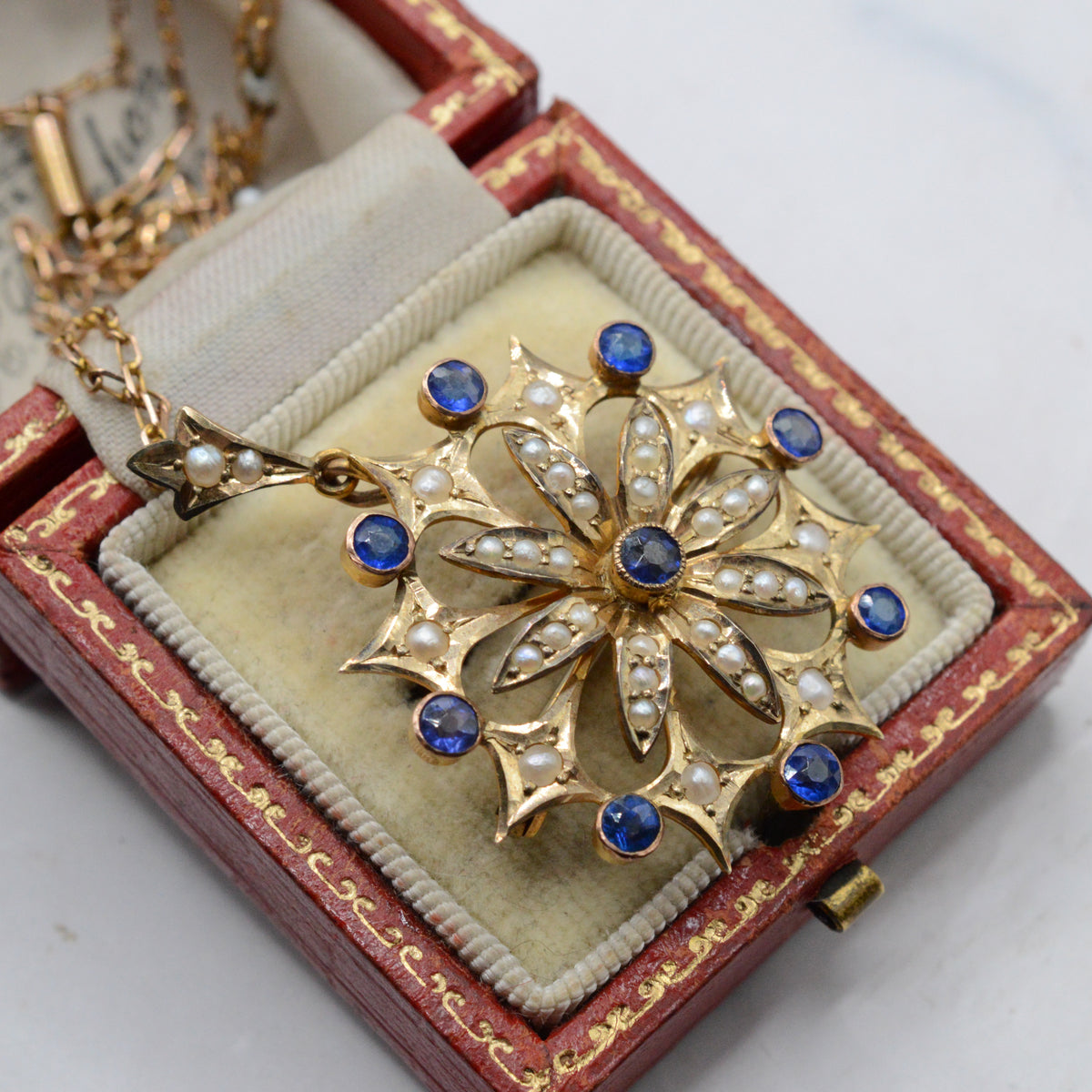 Large Antique Edwardian 9ct Gold Sapphire & Pearl Floral Pendant Necklace