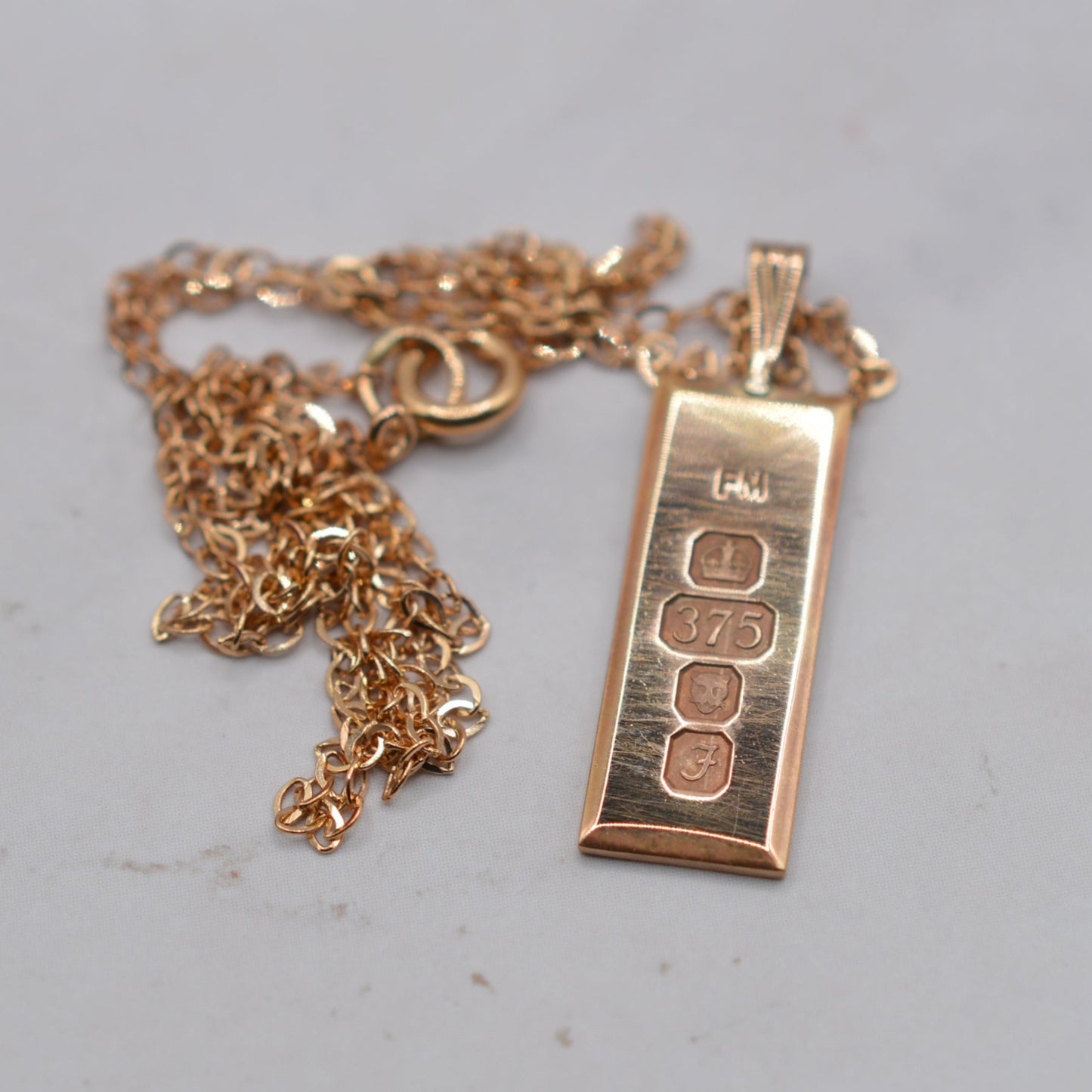 1980s Vintage 9ct Gold Ingot Pendant Necklace, 16" Chain