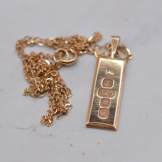 1980s Vintage 9ct Gold Ingot Pendant Necklace, 16" Chain