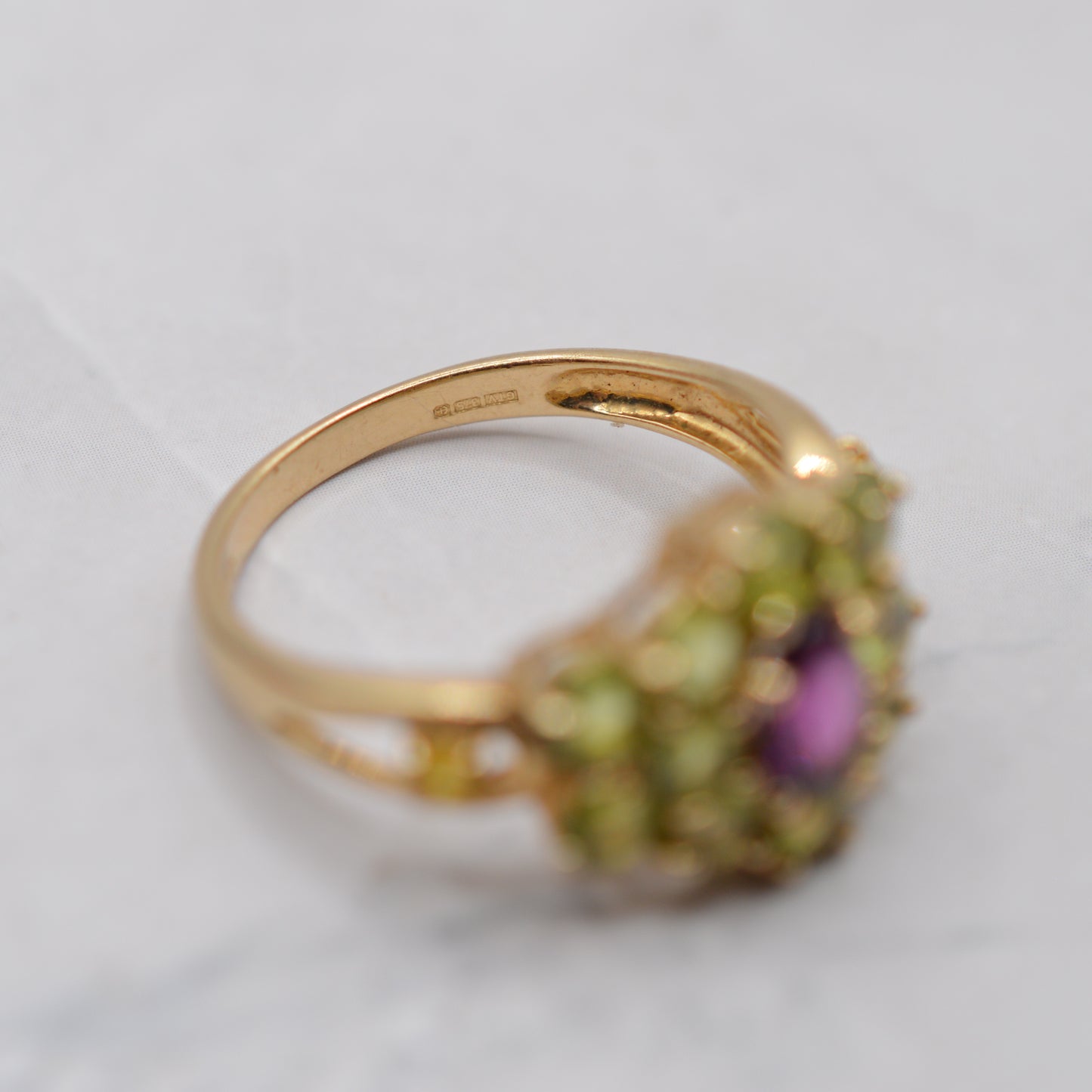 Chunky 9ct Gold Green Sapphire, Yellow Sapphire & Garnet Cluster Ring