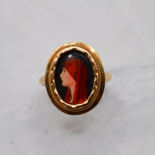 *RESERVED* Antique 18ct Gold Saint Fabiola Enamel Portrait Ring