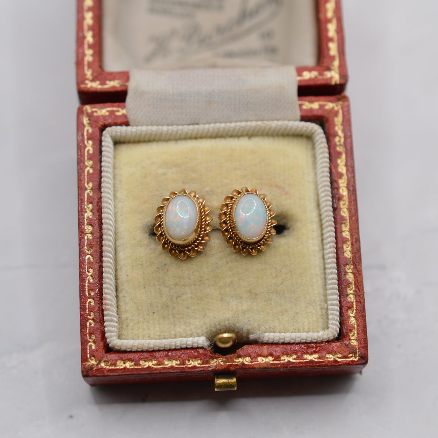 1990s 9ct Gold Opal Stud Earrings with Rope-Twist Border