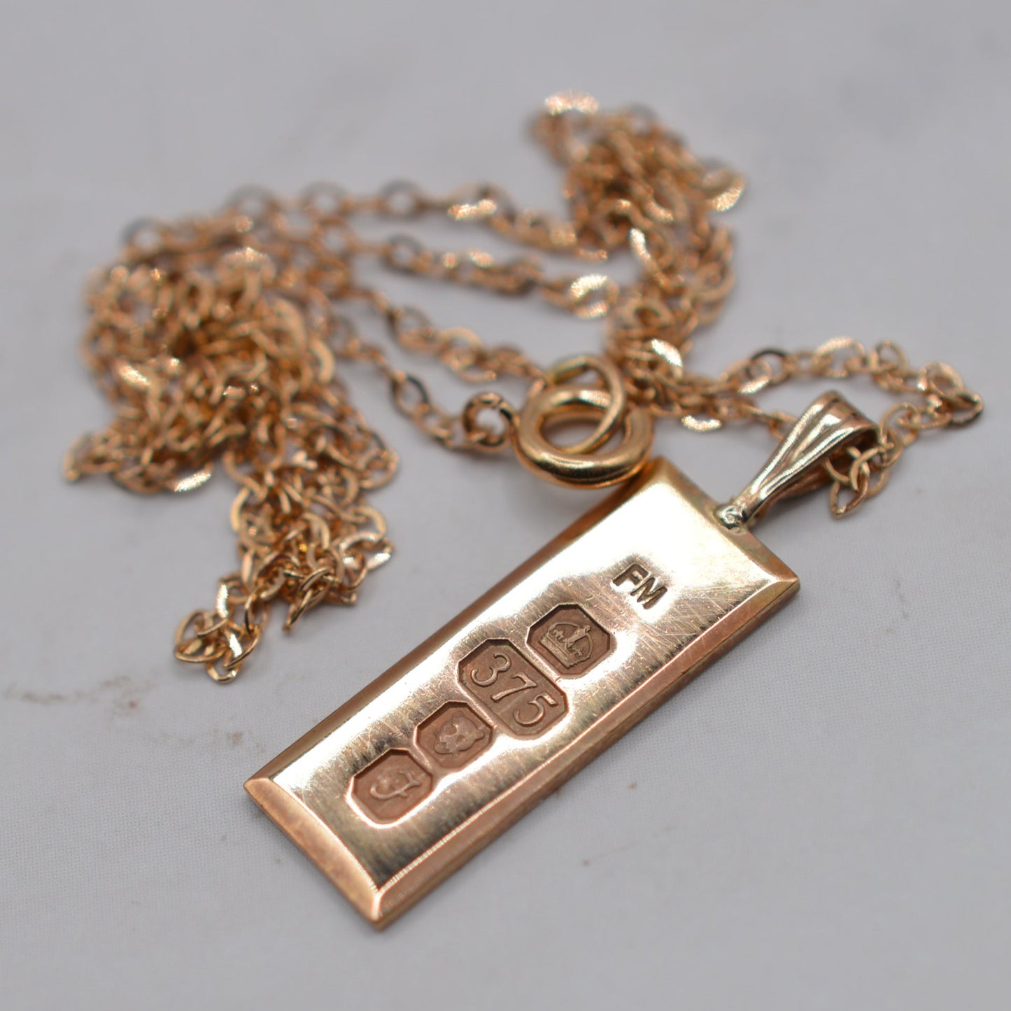 1980s Vintage 9ct Gold Ingot Pendant Necklace, 16" Chain