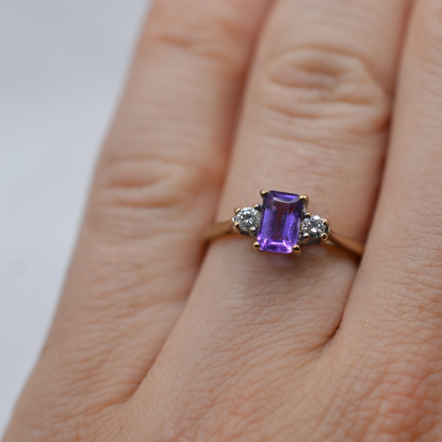 1990s 9ct Gold Amethyst & Diamond Trilogy Ring