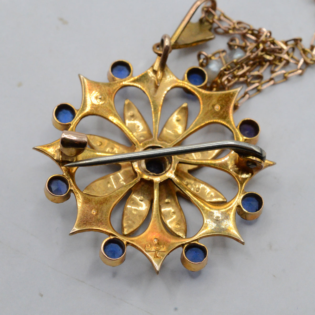 Large Antique Edwardian 9ct Gold Sapphire & Pearl Floral Pendant Necklace