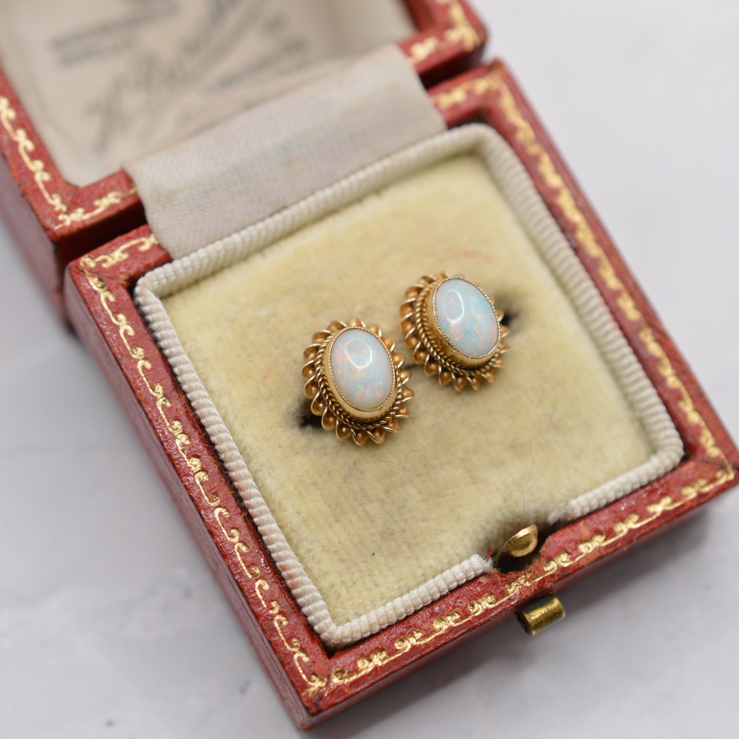 1990s 9ct Gold Opal Stud Earrings with Rope-Twist Border