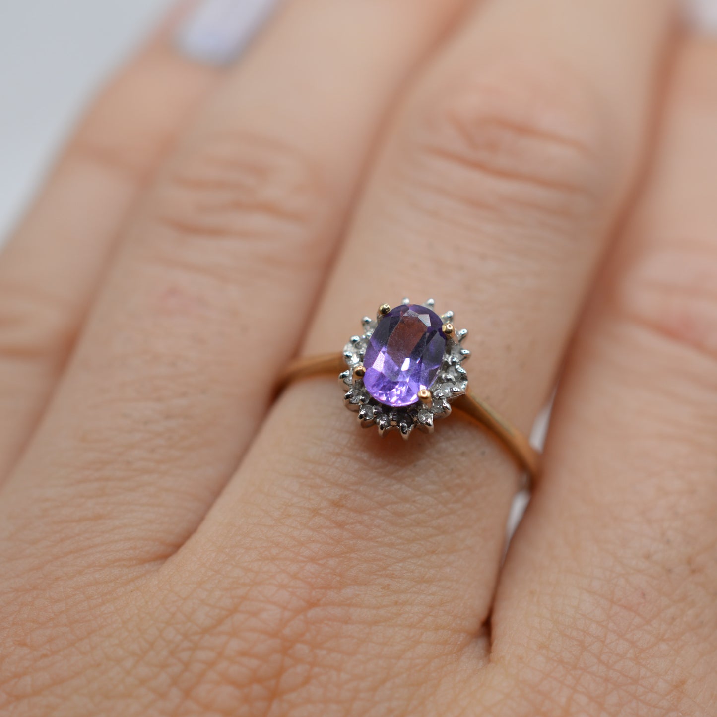 Vintage 9ct Gold Amethyst & Diamond Cluster Ring