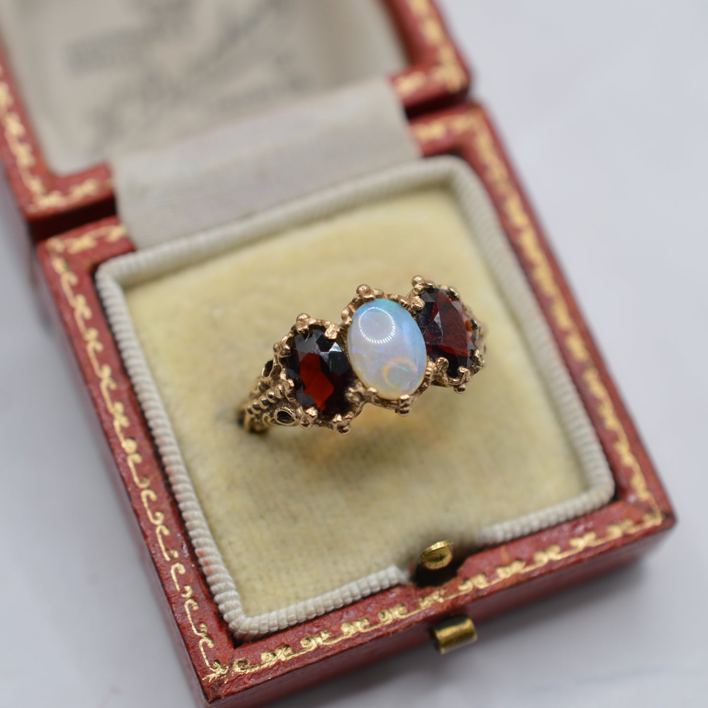 Chunky 9ct Gold Opal & Garnet Trilogy Ring