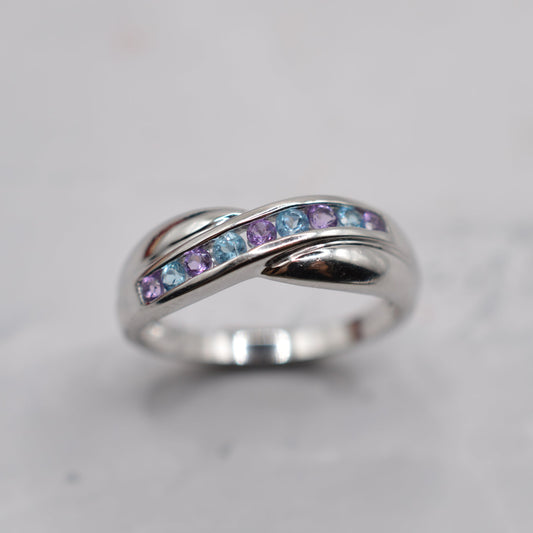 Y2K 9ct White Gold Amethyst & Blue Topaz Crossover Ring