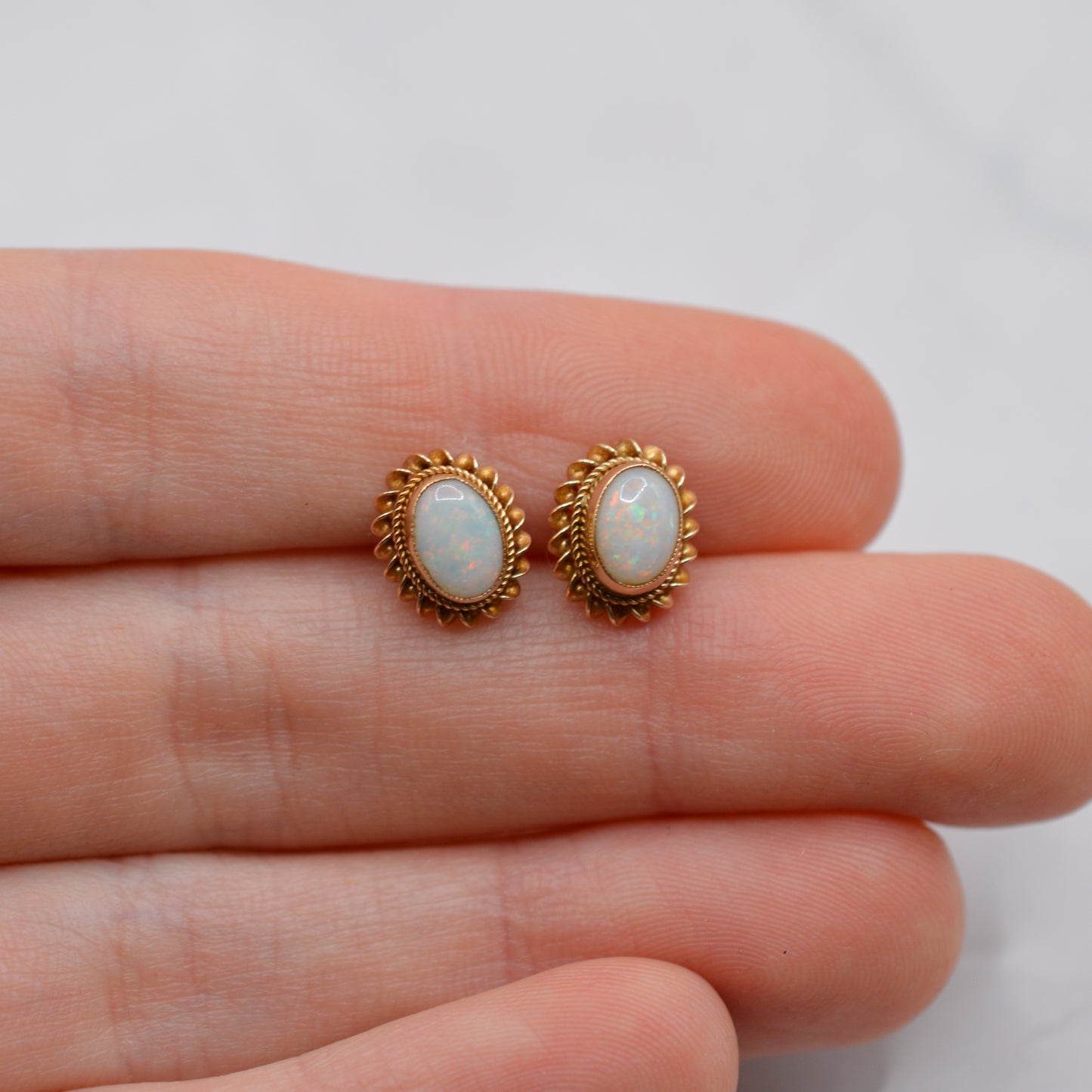 1990s 9ct Gold Opal Stud Earrings with Rope-Twist Border