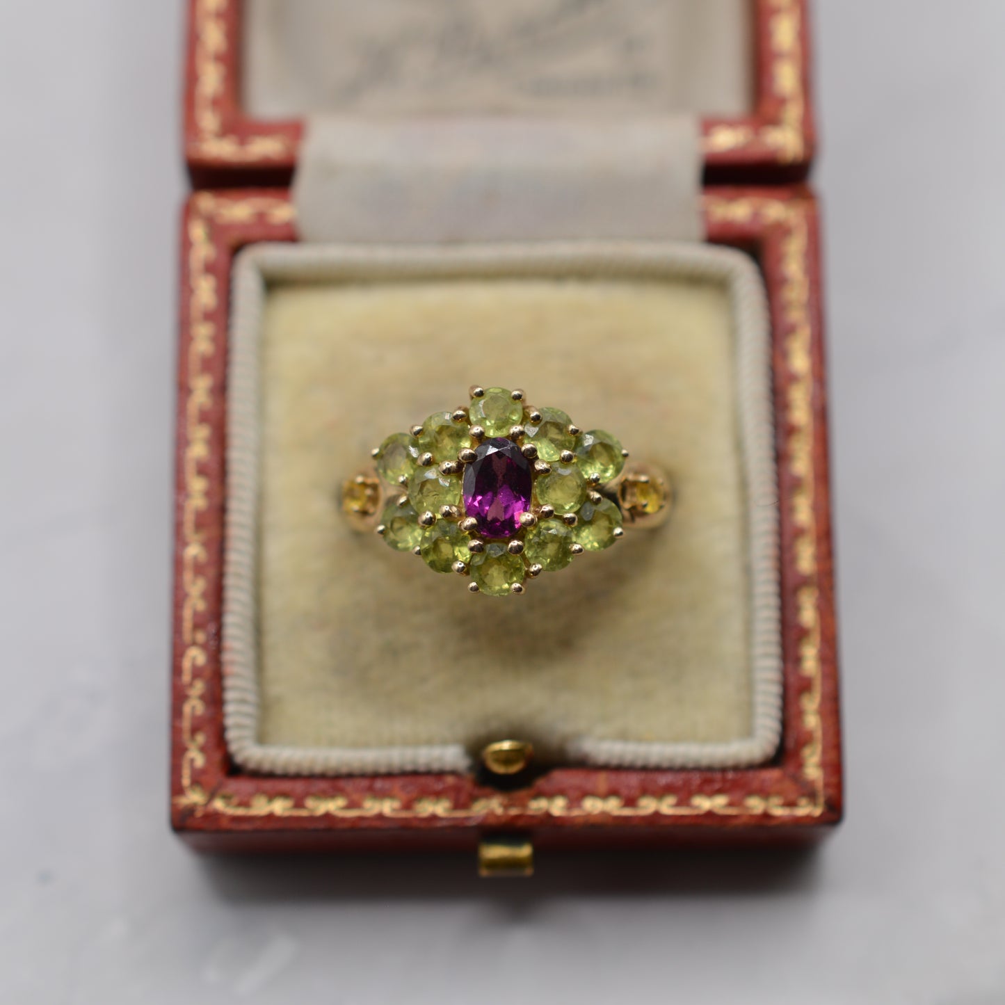 Chunky 9ct Gold Green Sapphire, Yellow Sapphire & Garnet Cluster Ring