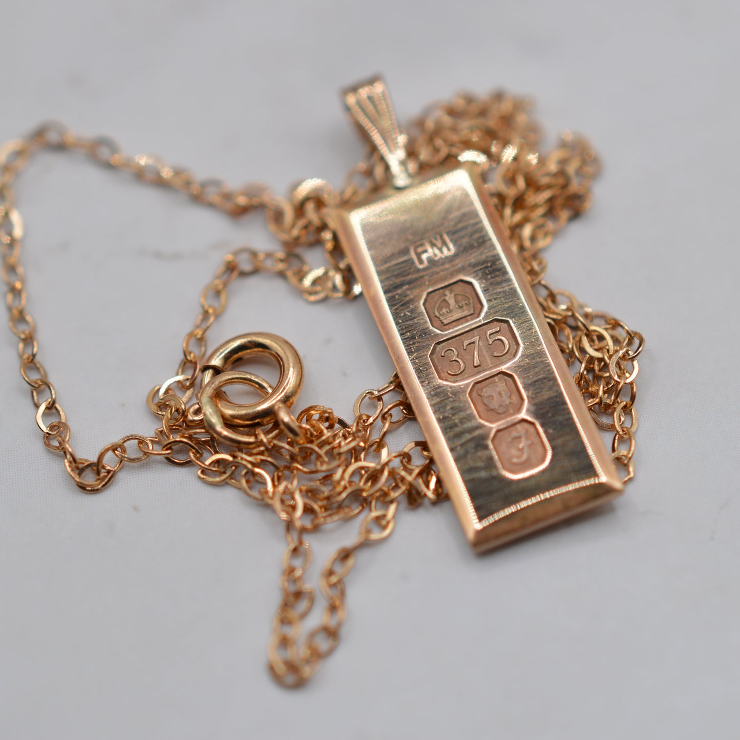 1980s Vintage 9ct Gold Ingot Pendant Necklace, 16" Chain