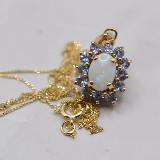 Y2K 9ct Gold Opal & Iolite Cluster Pendant Necklace (18” Chain)